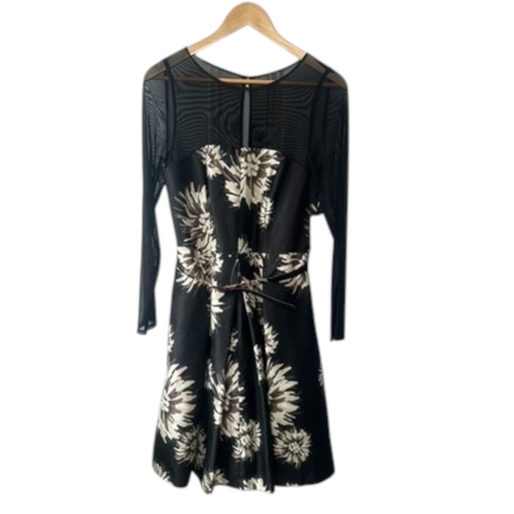 Eliza J Black Floral Midi Belted Fit & Flare Dress Sheer Sleeves Women's 8 NEW